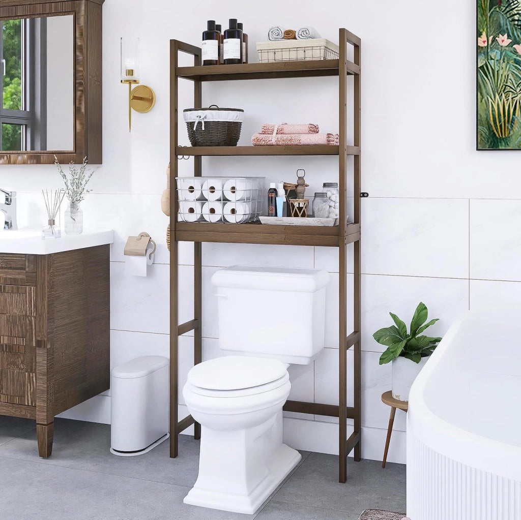 Mensola portaoggetti per bagno, portaoggetti in bambù sopra il WC, salvaspazio per WC indipendente con ripiani regolabili a 3 livelli (nero)