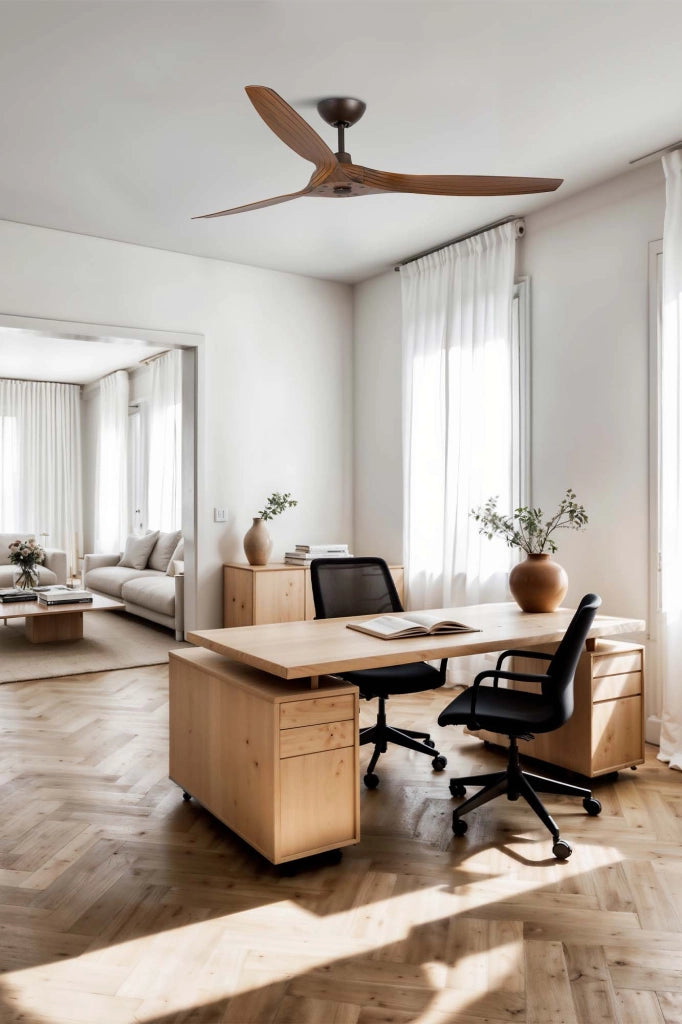 FARO Ventilatore da Soffitto con Motore DC e Luce Integrata 3 Pale in ABS finitura Noce Marrone Struttura in Acciaio 5 Velocita Telecomando per Ambienti 176-28 m² FARO-33511