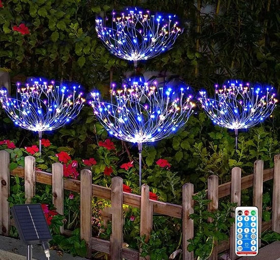 Illuminazione esterna per giardino alimentata da energia solare - 120 led - illuminazione a effetto fuochi - telecomando - 8 modalità - presa esterna - illuminazione esterna solare impermeabile