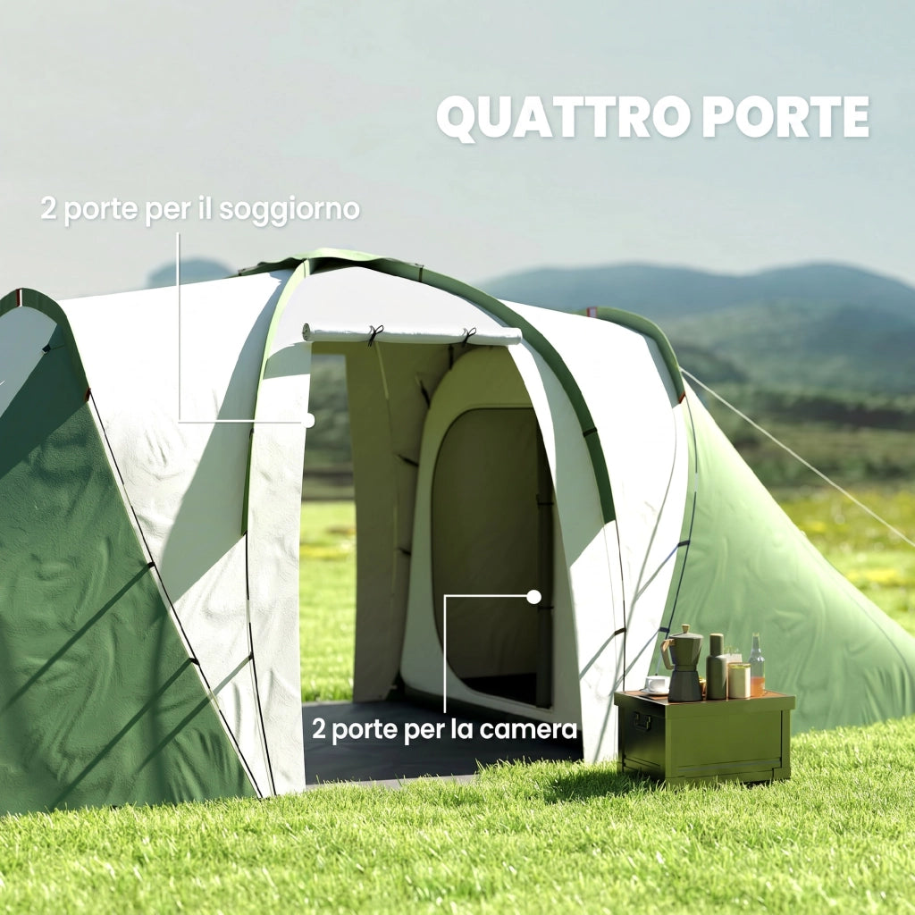 Tenda da Campeggio 4-6 Persone ¨C Xylo ¨C 2 Camere, Poliestere e Fibra di Vetro, 555x225x190 cm, Grigio e Verde