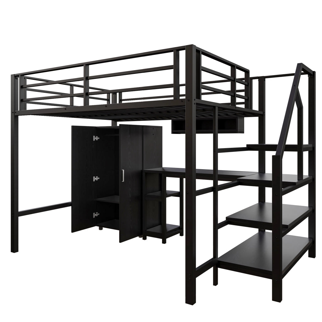 DESMIU Letto a Soppalco per Bambini 140 × 200 cm 2 Posti con Scrivania, Armadio e Scaffali, Senza Materasso, Nero