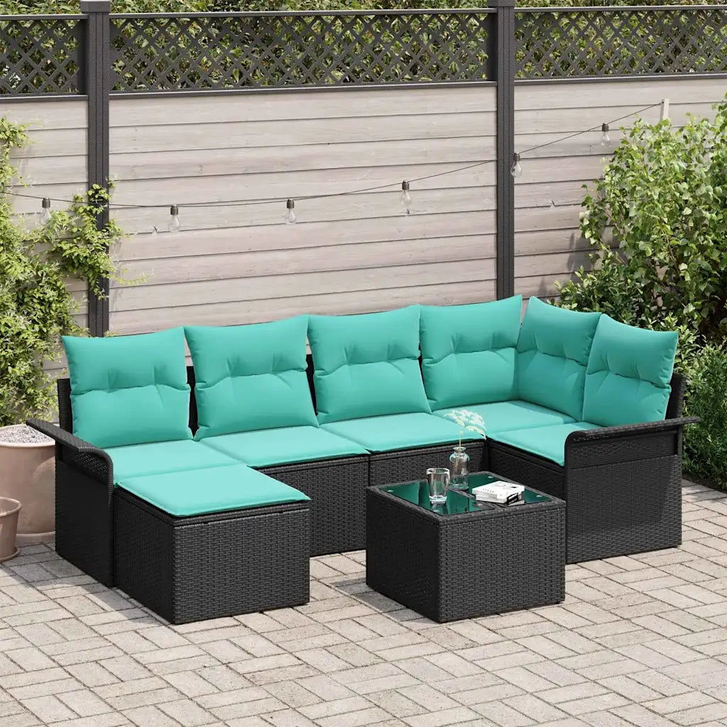 Set Divano da Giardino con cuscino 7 pcs Nero Poly Rattan