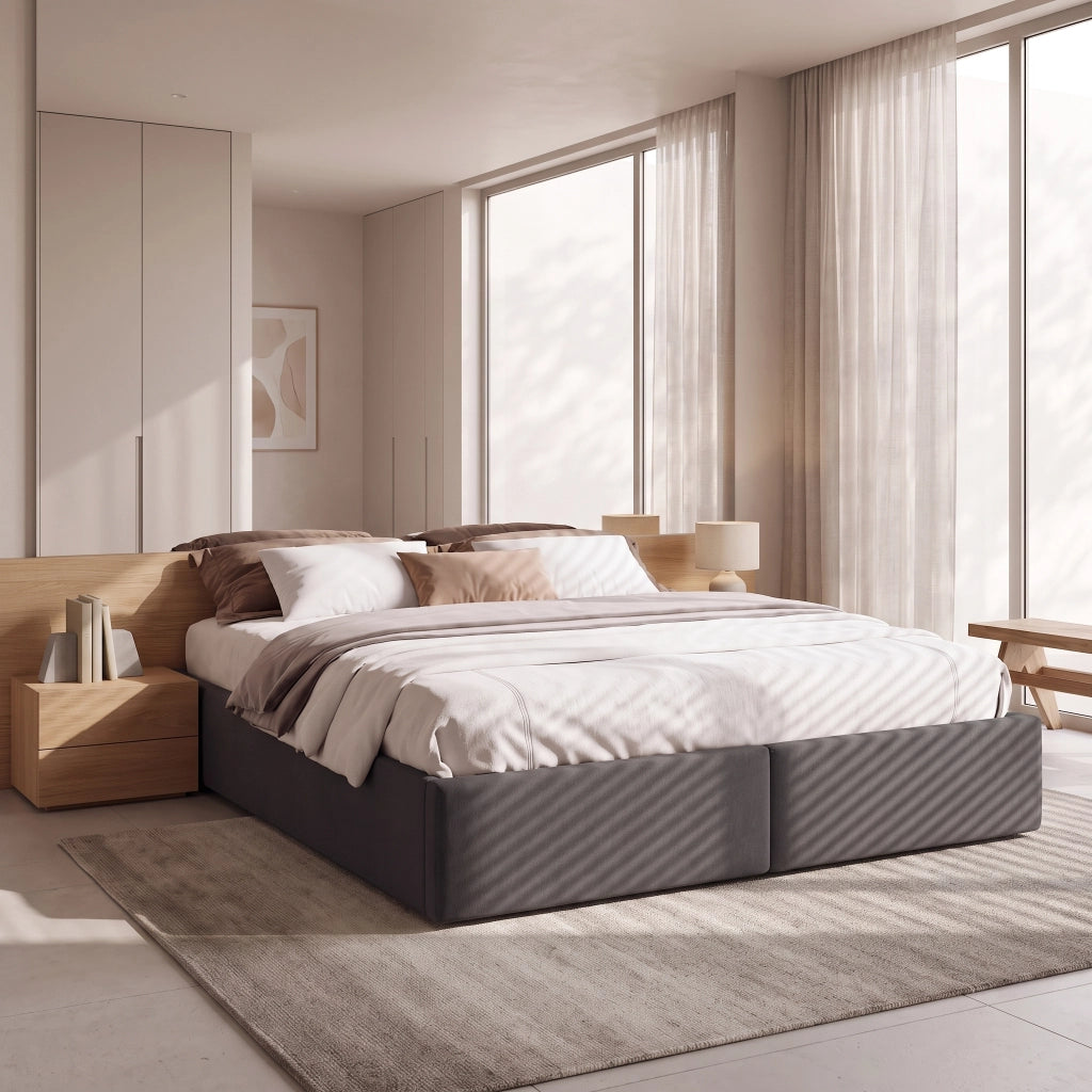 Letto matrimoniale contenitore 160x200 cm con vano idraulico e 2 cassetti rete a doghe senza testiera in lino grigio