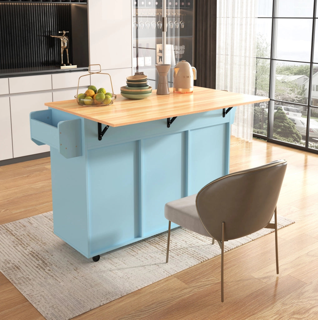 Carrello cucina con piano pieghevole e ruote blu 139 cm