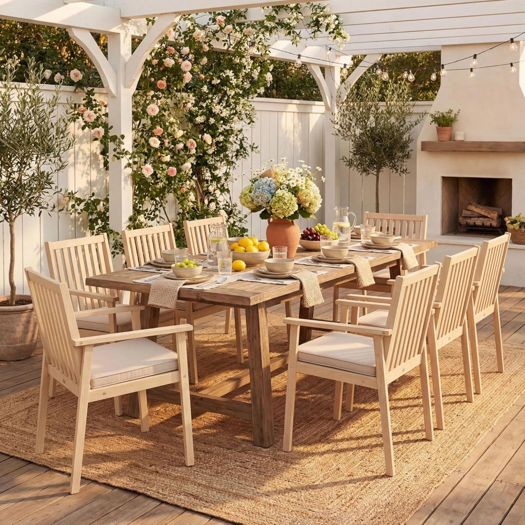 Set di 2 Sedie da Giardino Ergonomiche con Cuscino Rimovibile, Sedie da Pranzo con Braccioli, Poltrona in Legno di Acacia da Terrazza, Balcone, Cortile, Portata 180kg (Naturale)