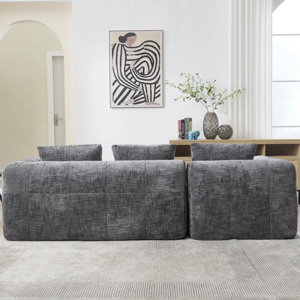 Divano modulare con chaise longue in chenille grigio; 250x158x60 cm; con tasche laterali
