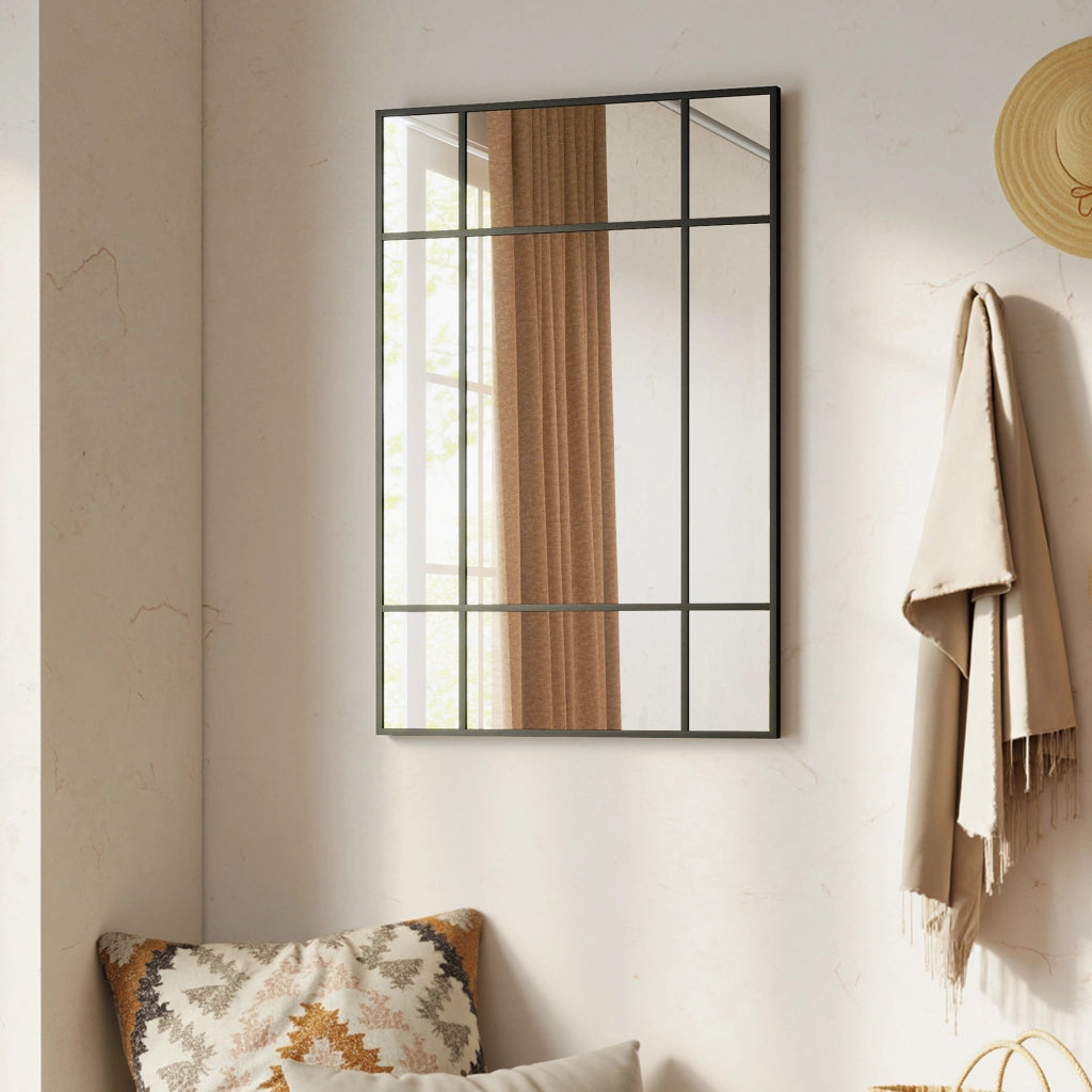 Specchio da parete stile finestra 90x60 cm nero, montaggio verticale e orizzontale per arredo casa
