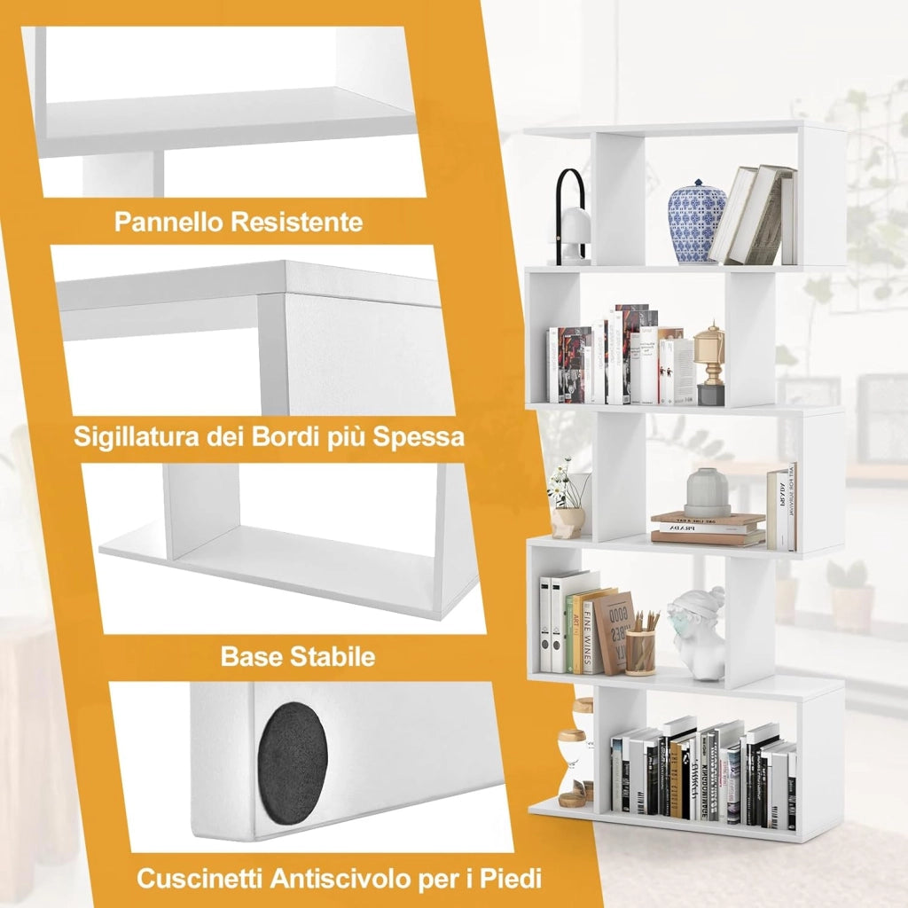 Scaffale a 5 Ripiani in Legno, Libreria Geometrica a Forma di S con Dispositivo Antiribaltamento, per Soggiorno Ufficio Camera da Letto, 70 x 23,5 x 158 cm (Bianco)