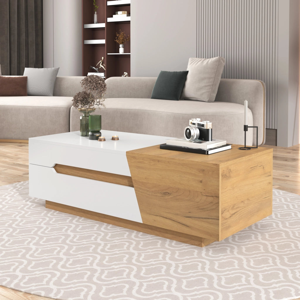 Tavolino da Salotto con Piano Scorrevole; 2 Cassetti e Vani; Stile Moderno; in MDF; Naturale e Bianco