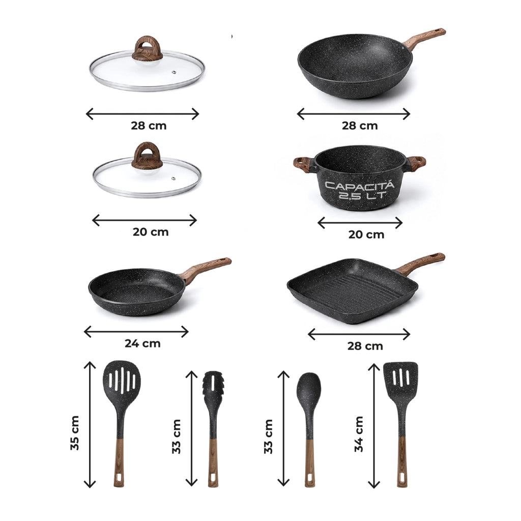 Set Pentole e Padelle Antiaderenti Induzione 10 Pezzi Marble con Wok Bistecchiera Casseruola Padella e Utensili Cucina Compatibile Gas Vetroceramica Piano Elettrico