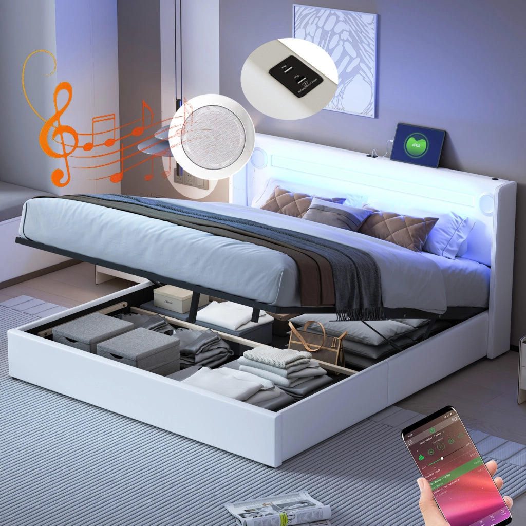 OKWISH Letto Contenitore 160×200 cm, Letto Matrimoniale con LED, Bluetooth, USB e Tipo C, senza Materasso, in Ecopelle, Bianco