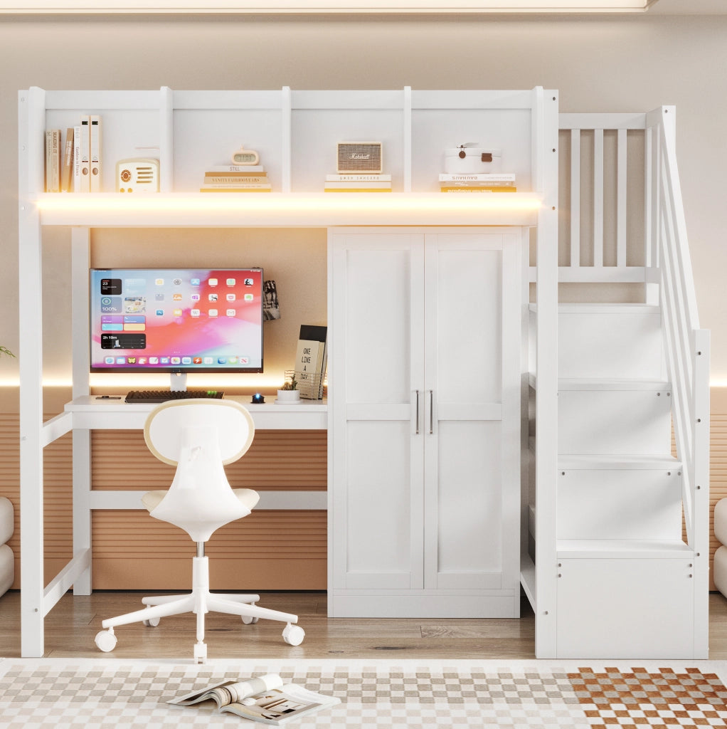 Letto a soppalco 90x200 cm in legno bianco con scrivania; armadio; scala portaoggetti e LED