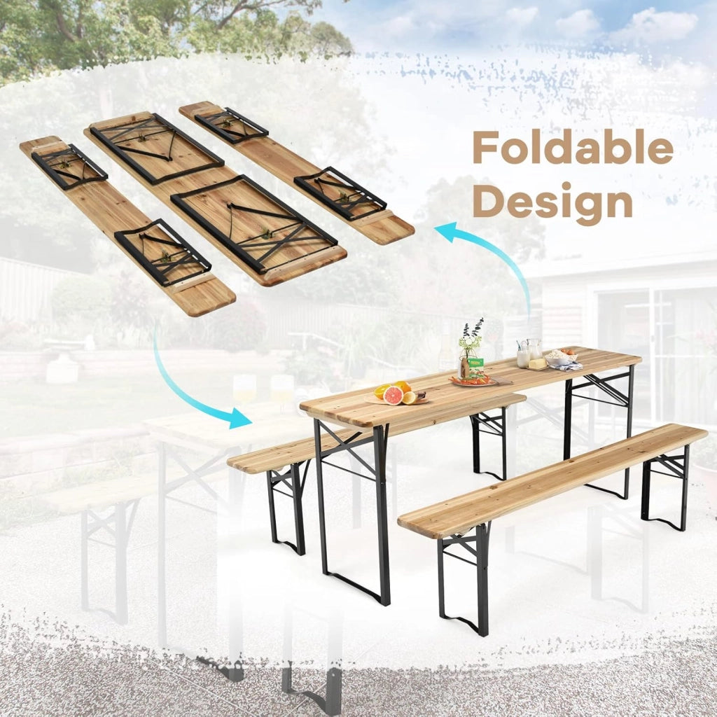 Set da Tavolo e 2 Panche da Campeggio Pieghevole, Tavolo da Picnic in Legno con Telaio e Gambe in Ferro Robusto，Adatto per Terrazza, Barbecue e Festa in Giardino