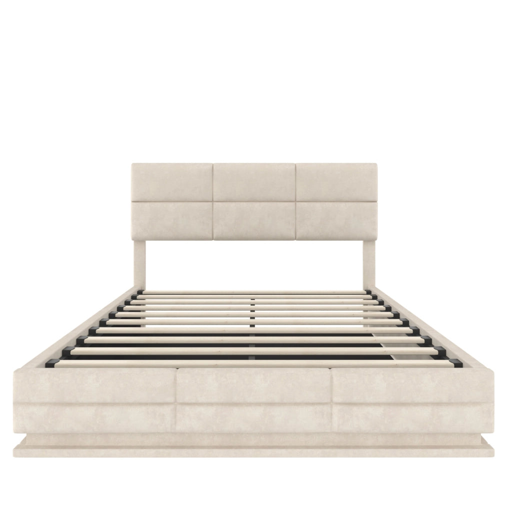 Letto matrimoniale 160x200 cm in velluto beige con testiera regolabile; LED e USB