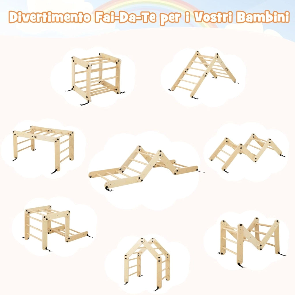 5 in 1 Set da Arrampicata per Bambini, Giochi da Arrampicata Pieghevoli in Legno con Rampe Regolabili e Reversibili, Scala da Arrampicata per Bambini 3+ Anni (Naturale)