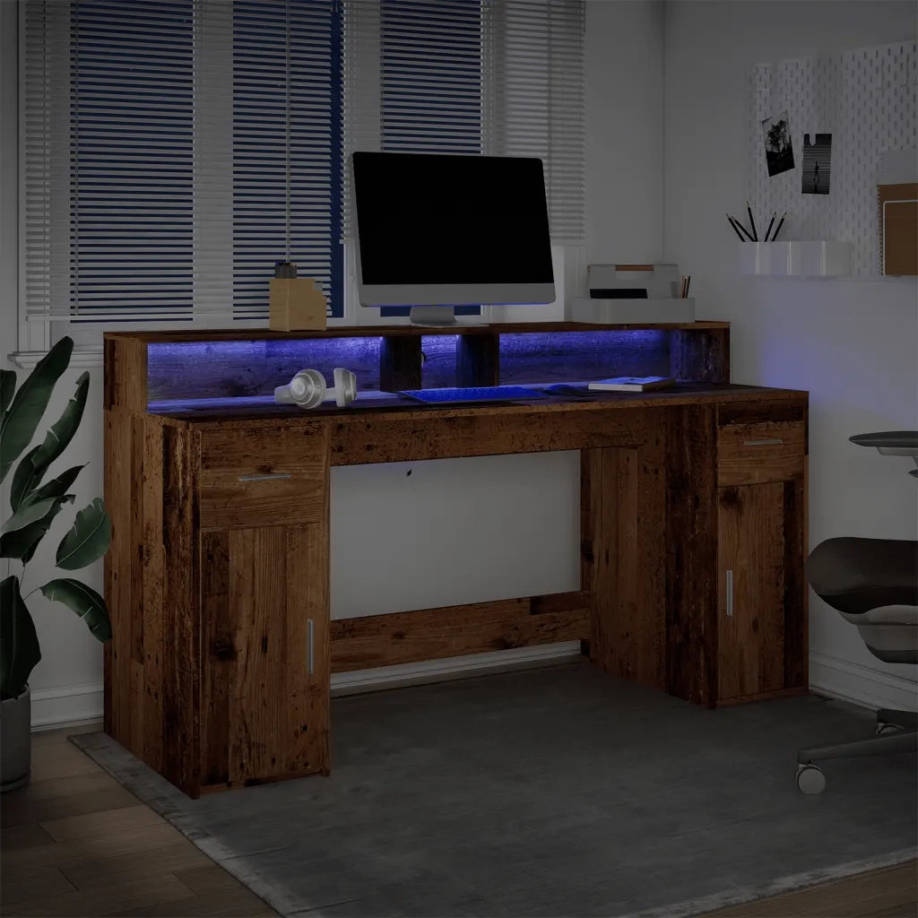 Scrivania | Tavolo da Ufficio con Luci LED Legno Antico 160x55x91 cm in Multistrato