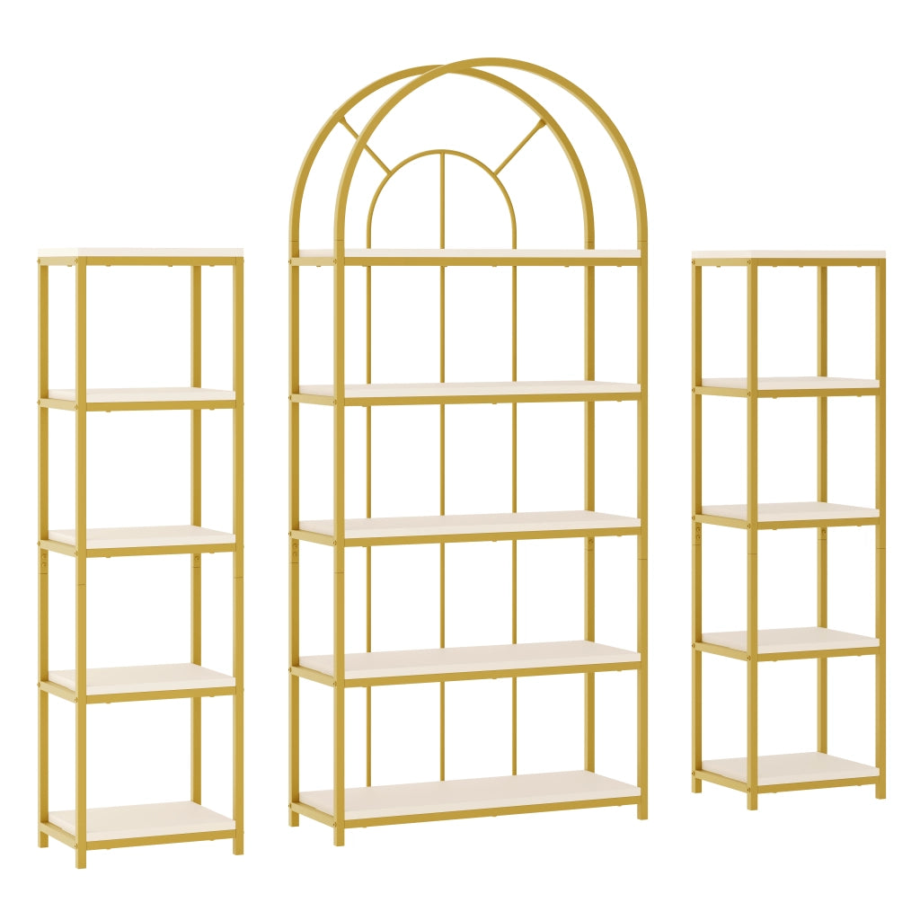 Scaffale modulare 3 pezzi 163×30×184 cm, struttura in metallo oro e MDF bianco, design ad arco