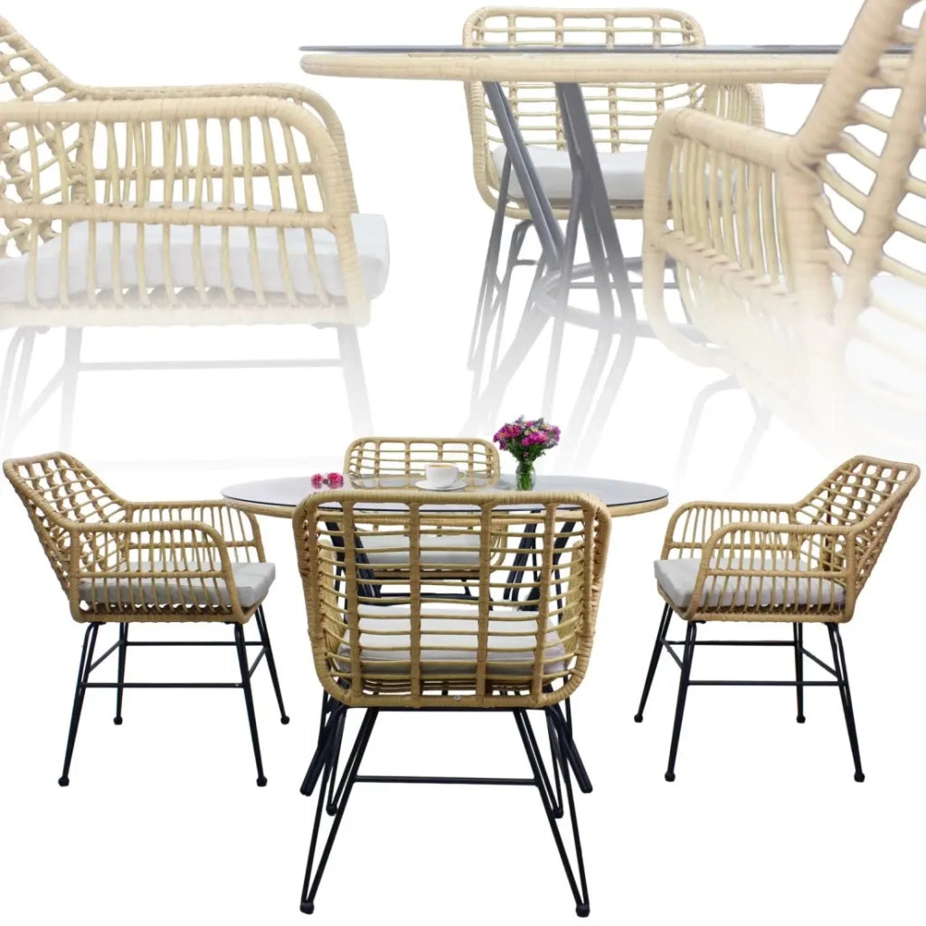 Salotto da giardino VALORIA 4 posti – Tavolo e 4 sedie in rattan marrone con cuscini grigi