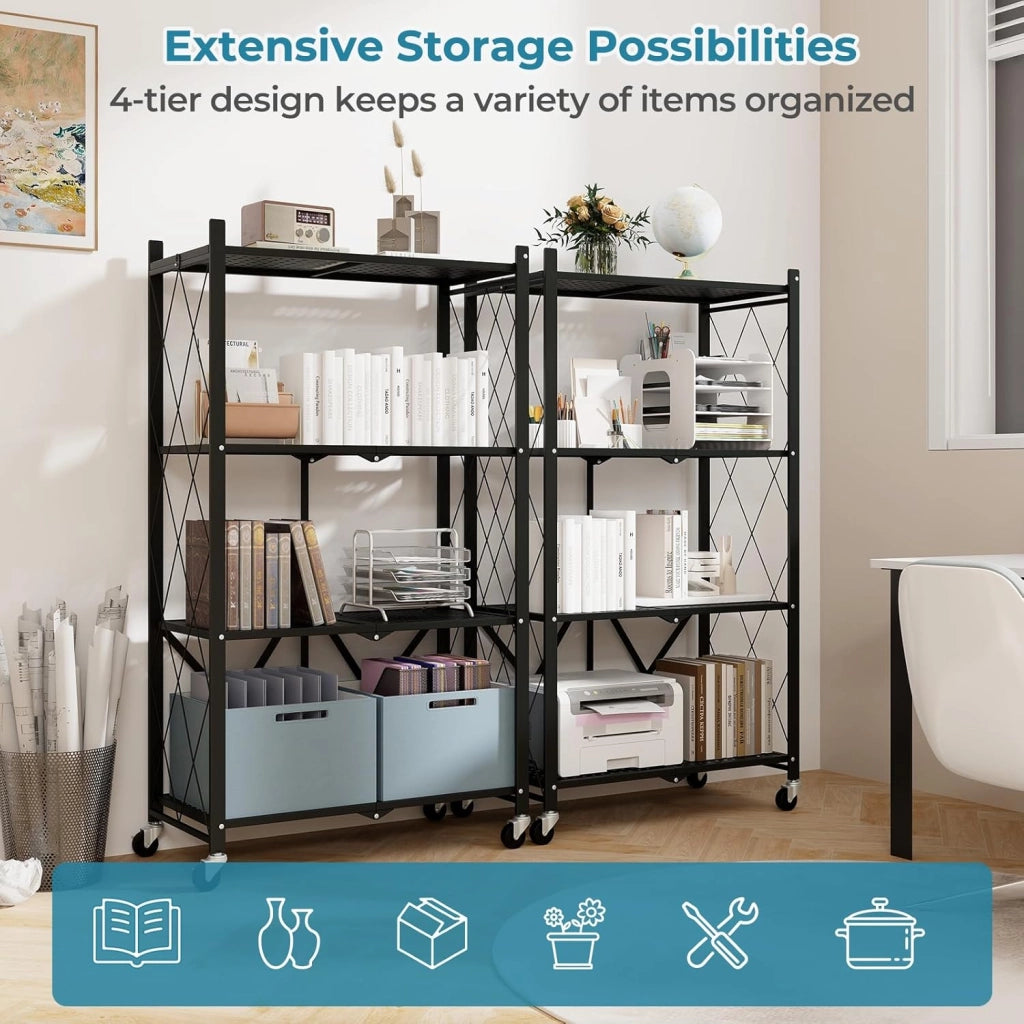Scaffale Metallo Nero Portaoggetti Pieghevole a 4 Livelli su Ruote, Scaffale in Metallo Robusto, Libreria Scaffale per Esposizione, Cucina, Soggiorno, Garage, Seminterrato, 71x34x126 cm