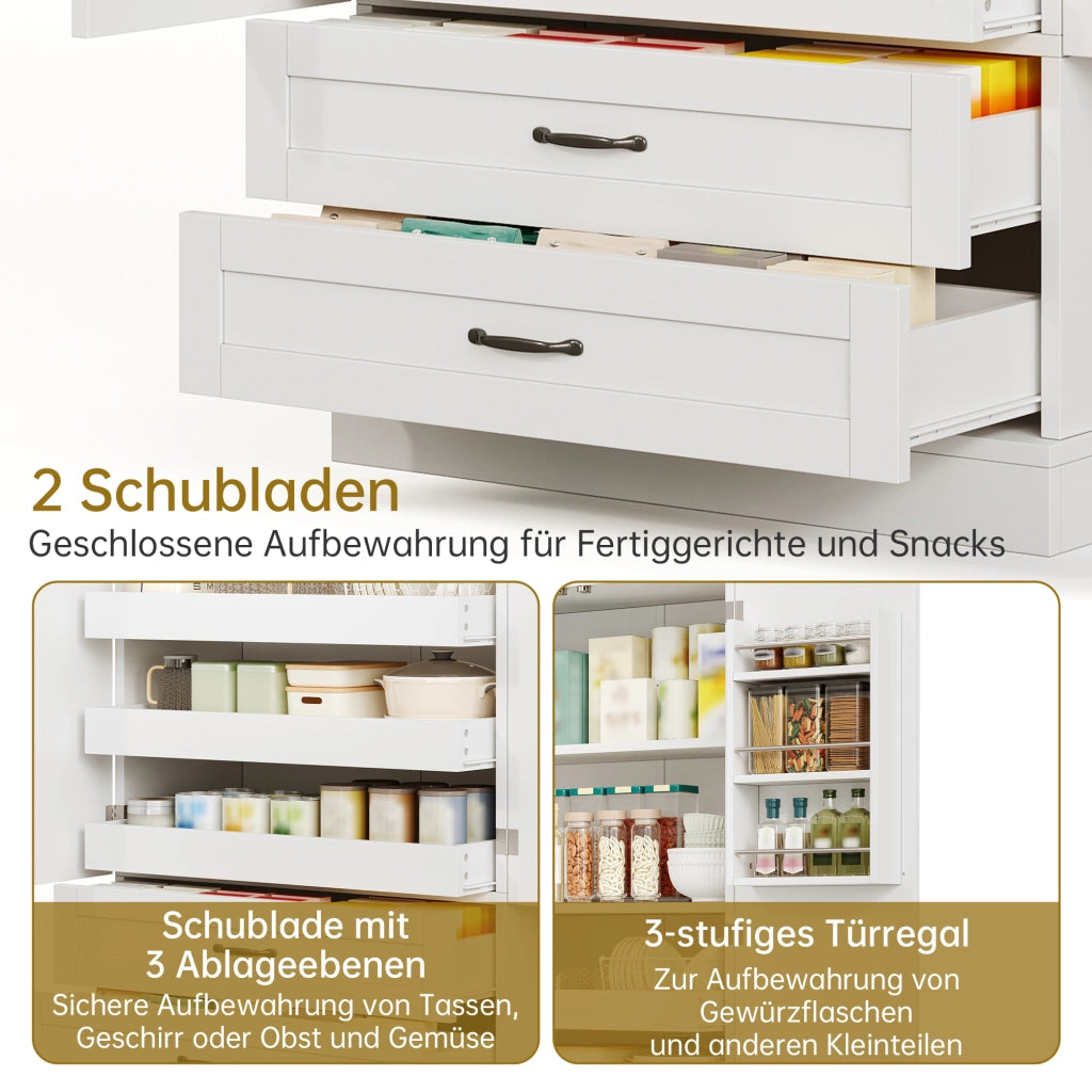 ARMADIO DISPENSA ALTO 180x80x37,5 cm MDF Bianco 3 ripiani estraibili 2 cassetti