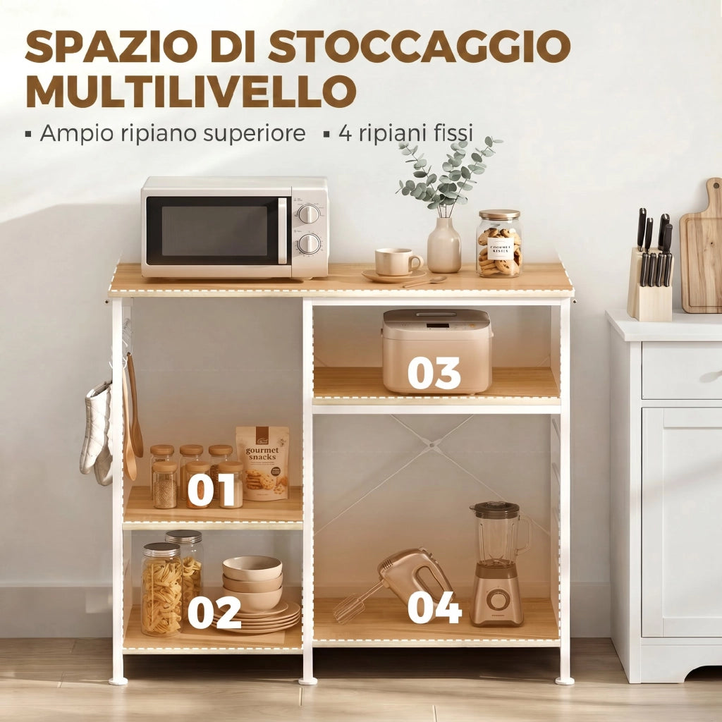 Scaffale Cucina con Ripiani in Legno e Metallo con 5 Ganci. Salvaspazio. 90x39x83.5 cm. Rovere
