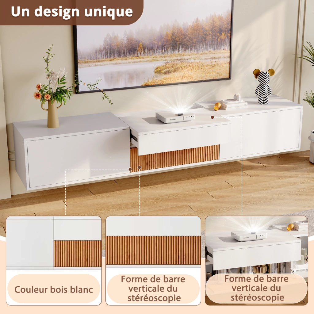 OKWISH Mobile TV con Ante e Vani Aperti, Ripiano Estraibile per Proiettore, Montaggio a Parete o da Terra, 180 x 34 x 30 cm