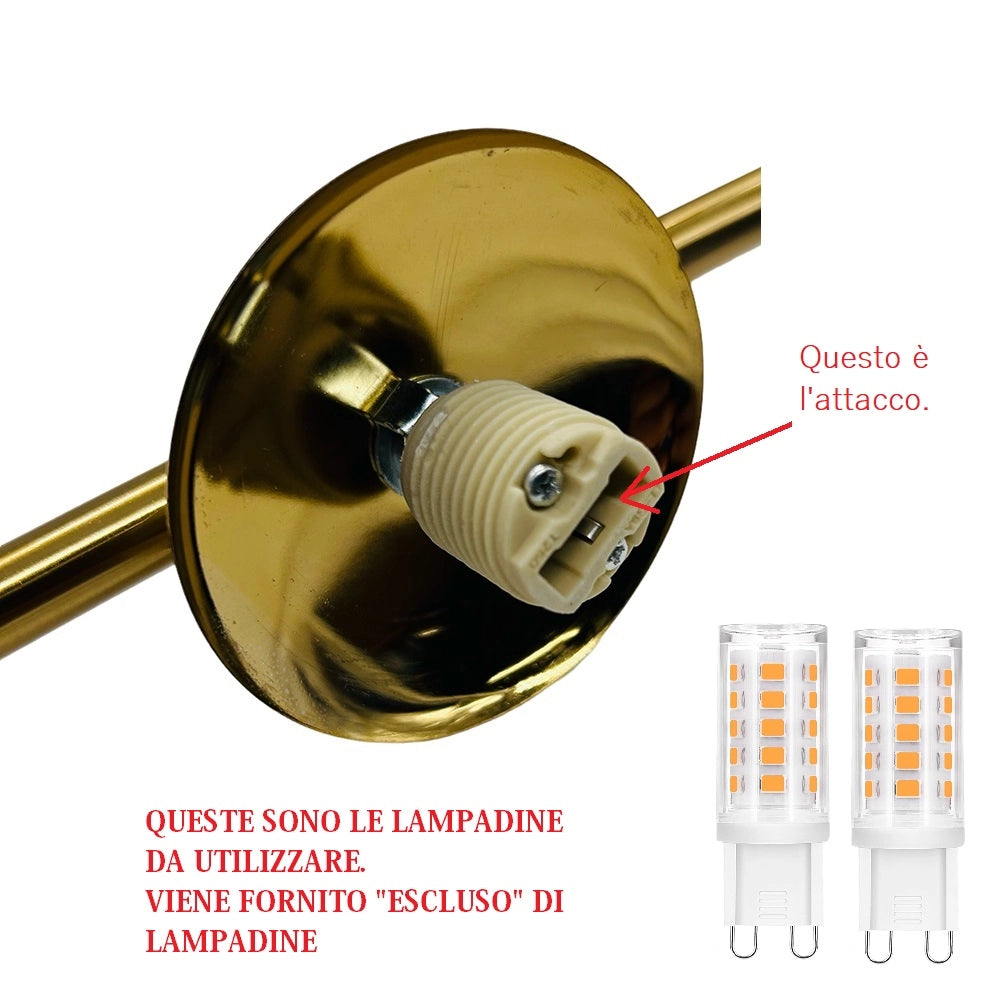 Applique lampada da parete in alluminio color bronzo oro con 3 sfere in vetro bianco opaco palle con attacco per lampadine G9