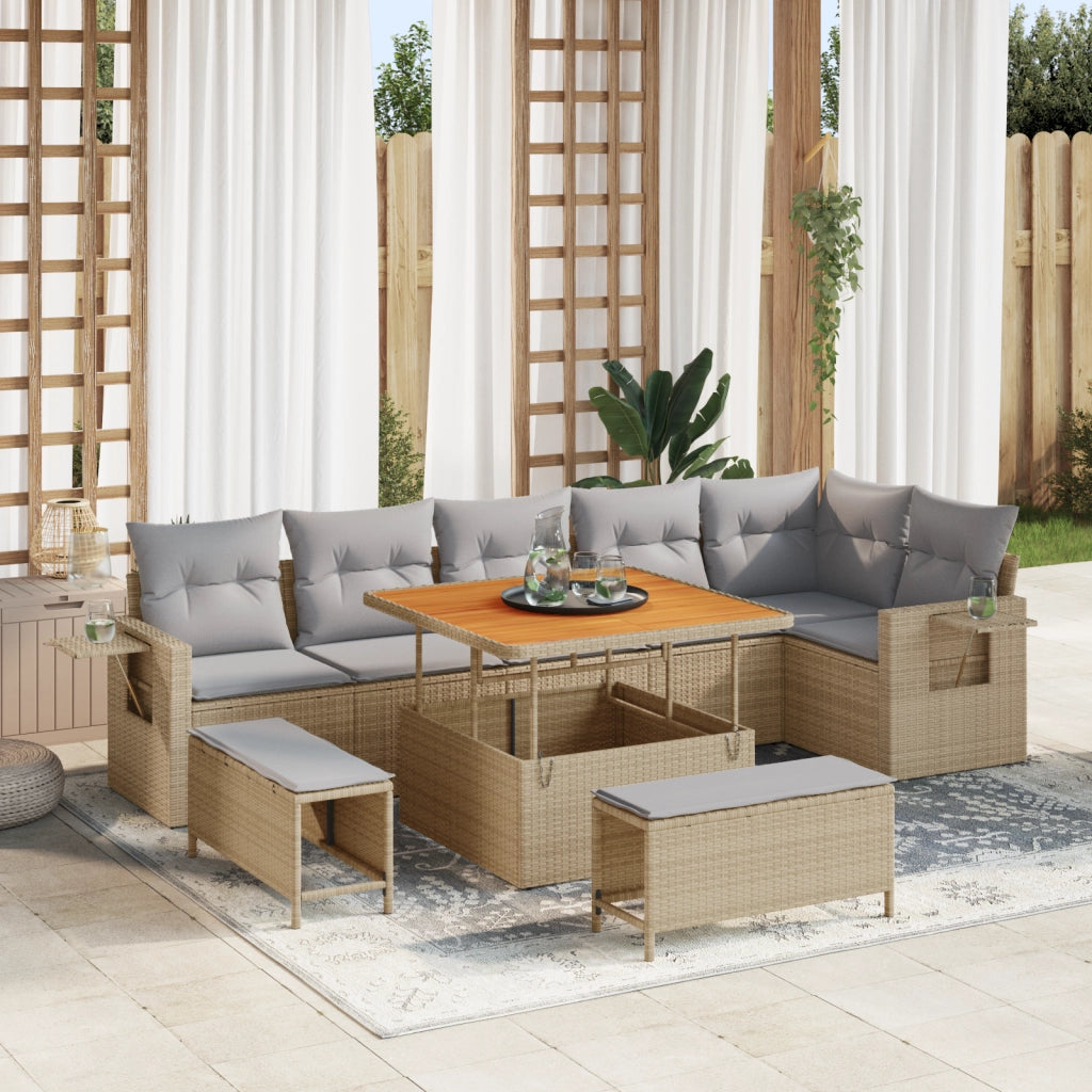 Set di divani da giardino  9 Pezzi con cuscini beige in polyrattan acacia