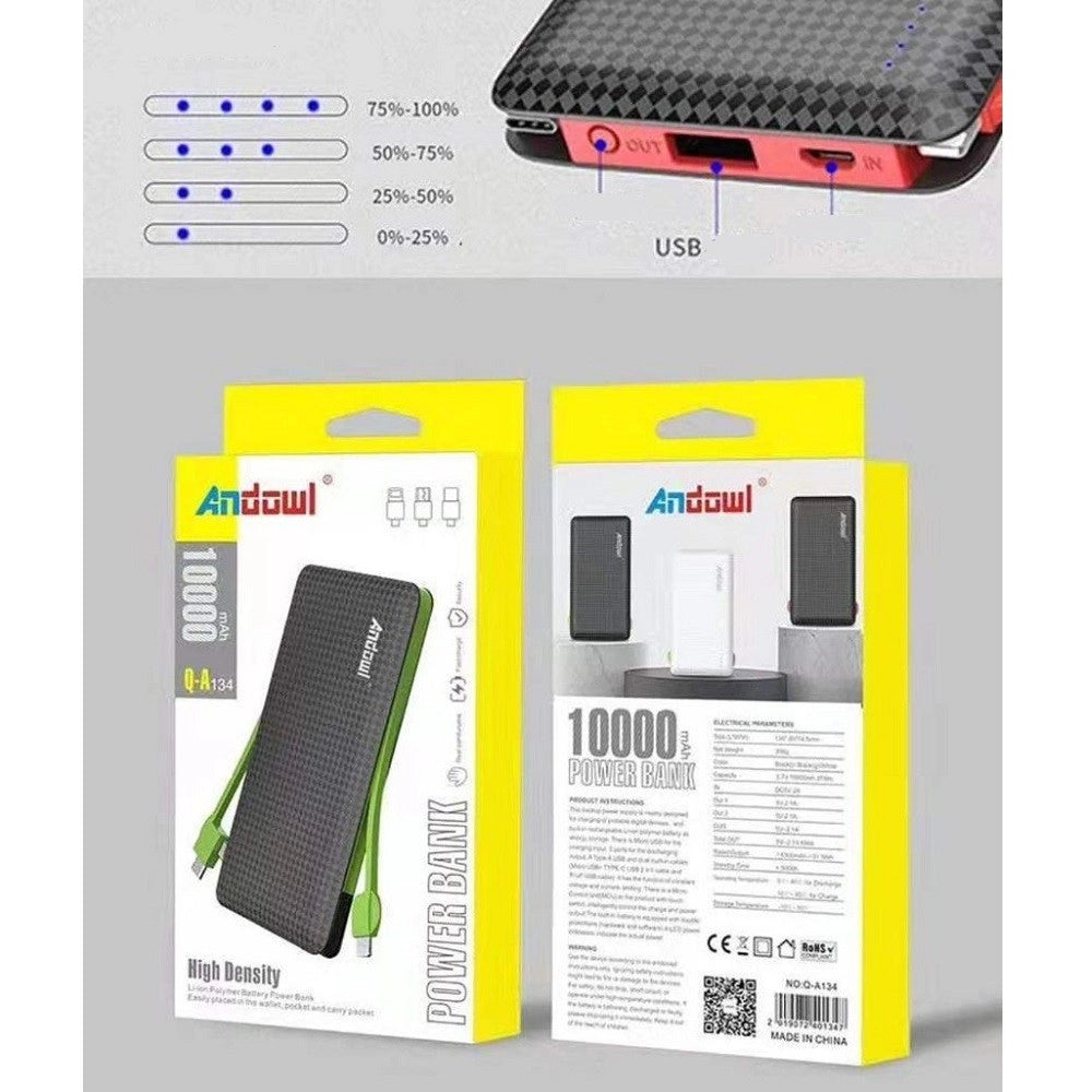 Trade Shop - Powerbank 10000mah Q-a134 2 Cavi Connettori Micro Usb Lightning Type-c Caricatore -