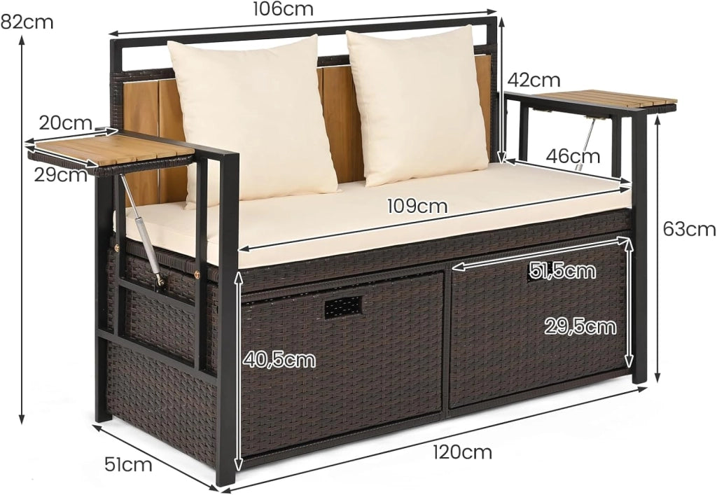 Divano da Giardino 2 Posti, Panchina da Esterno in Rattan PE con Contenitore, Cuscini Imbottiti e Tavolini Pieghevoli, Salotto da Giardino per Balcone e Terrazza, 120 x 51 x 82 cm (Bianco)