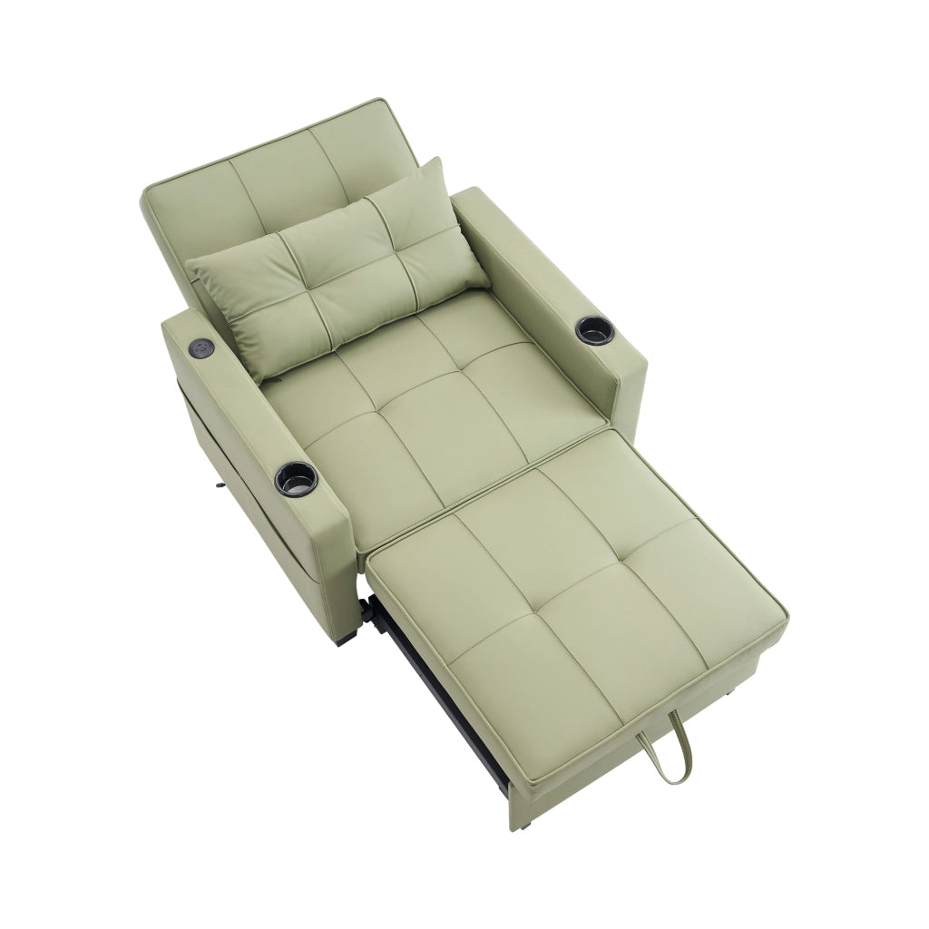 Poltrona letto convertibile 3 in 1 con funzione letto, tasca laterale e portabicchieri, in legno e metallo, avocado