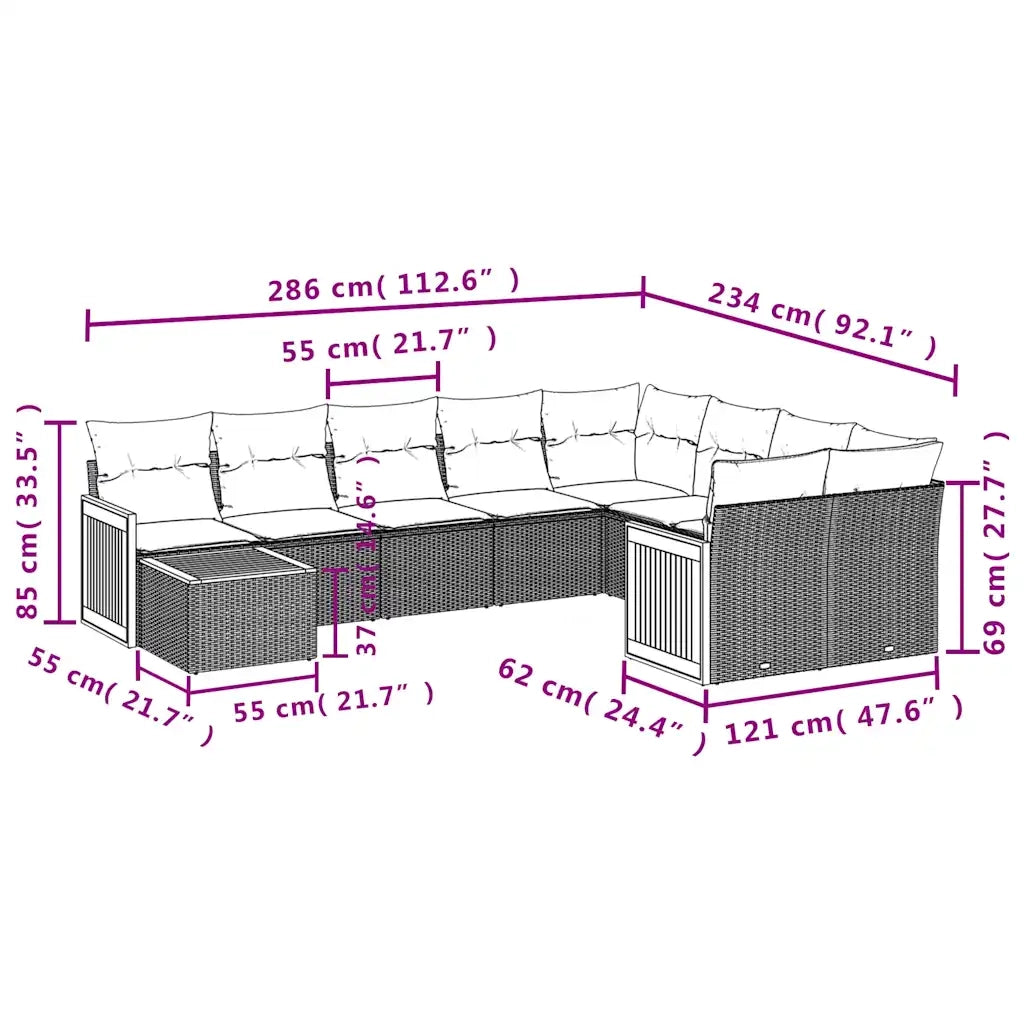 Set Divani da Giardino 10 pz con Cuscini Grigio in Polyrattan 3228000
