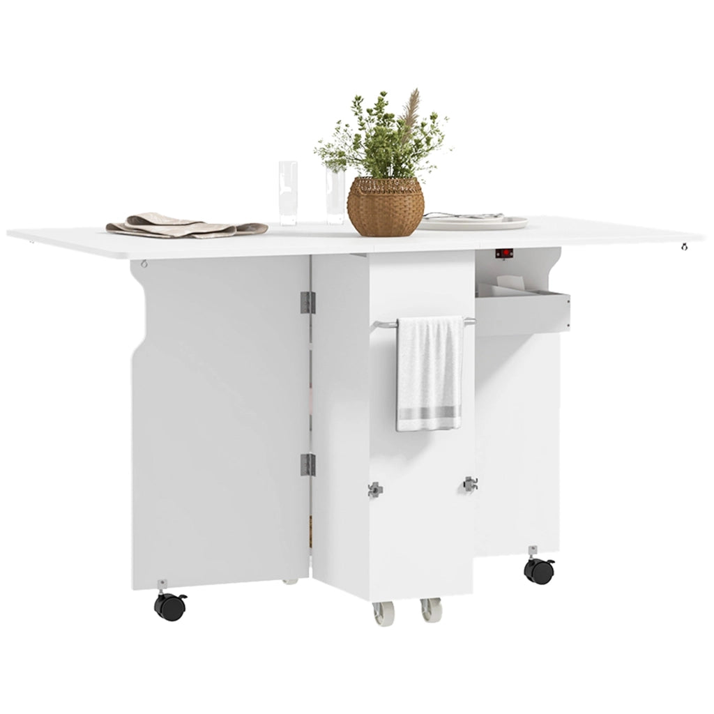 Tavolo a Ribalta Pieghevole con Ripiani a 3 Livelli Box e Rotelle 130x80x76,5 cm in MDF Bianco