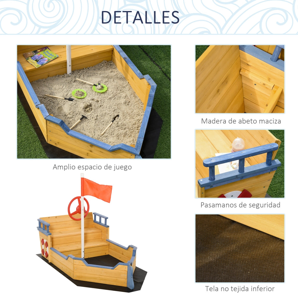 Sabbiera Galeone Legno Bambini con Gradini Panca Bandiera Timone Giardino Gioco Esterno ¨C Xylo ¨C 158x78x45,5 cm Naturale