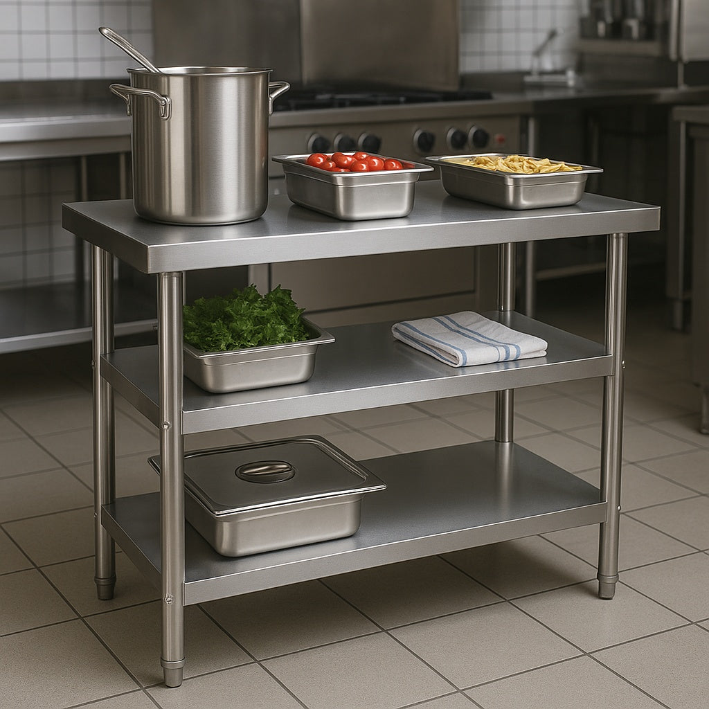 Tavolo da lavoro in acciaio inox 120 x 60 x 85 cm con 2 ripiani inferiori e piedi regolabili