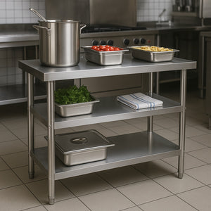 Tavolo da lavoro in acciaio inox 120 x 60 x 85 cm con 2 ripiani inferiori e piedi regolabili