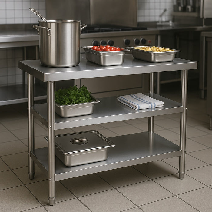 Tavolo da lavoro in acciaio inox 120 x 60 x 85 cm con 2 ripiani inferiori e piedi regolabili