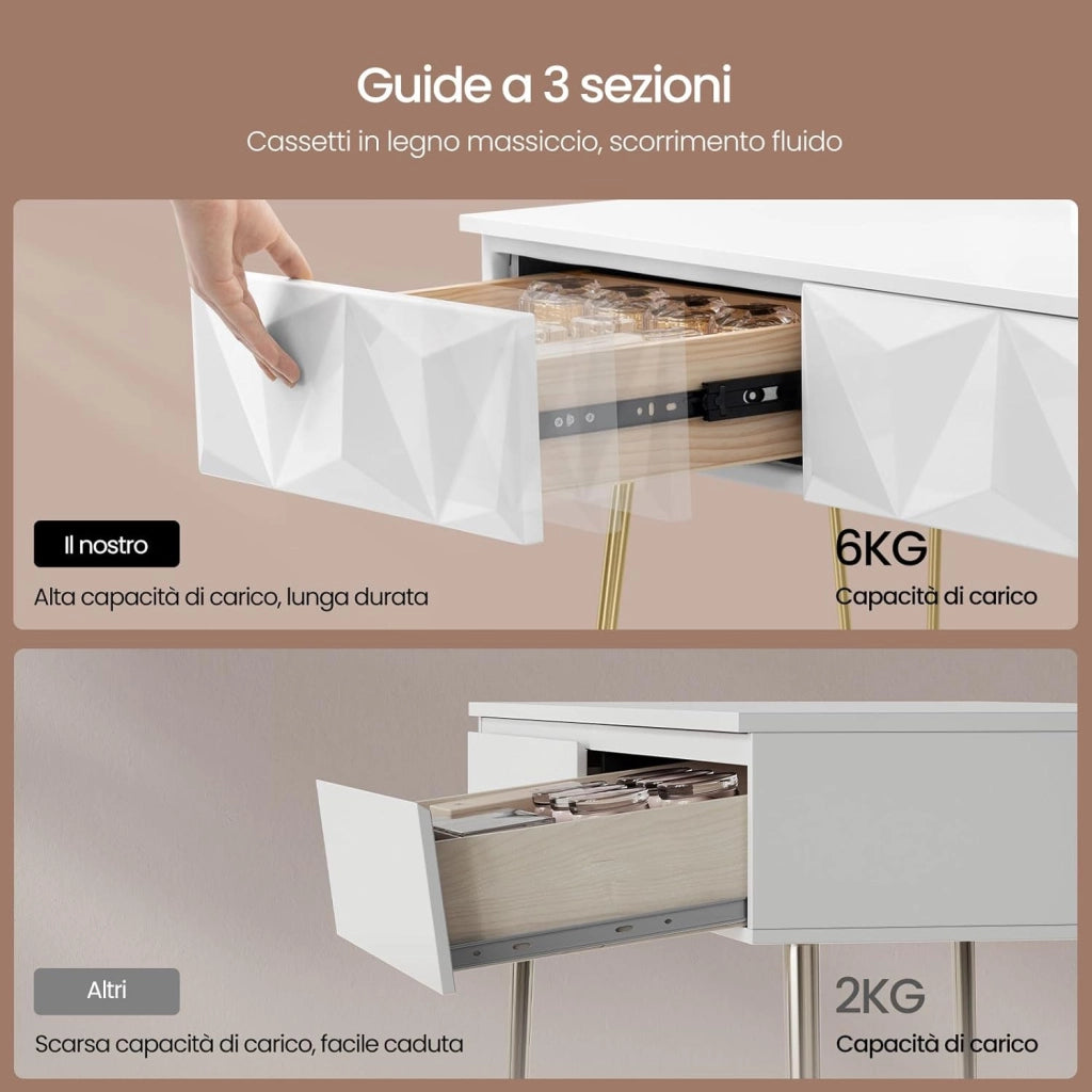 EUGAD Toeletta da Trucco con Luci LED, Luminosità Regolabile, Postazione da Trucco con Sedia in Velluto, con 2 Cassetti, Assemblaggio facile, Bianco e Dorato