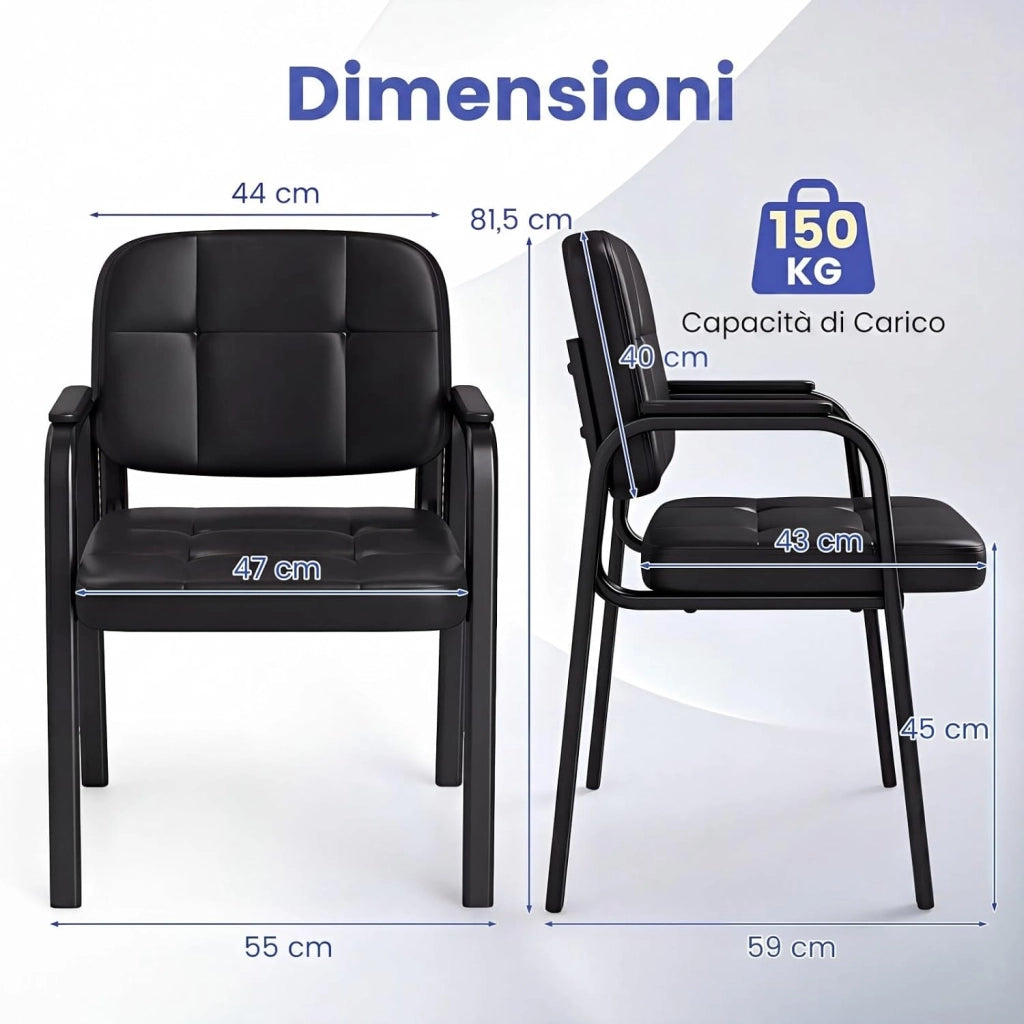Set di 2 Sedie Scrivania, Sedie da Ufficio senza Ruote, con Braccioli Imbottiti e Schienale Ergonomico, Struttura in Metallo Resistente, per Sala Riunioni, Studio, Portata 150 kg
