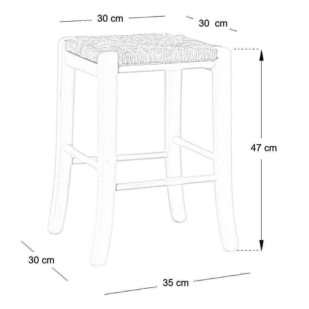 Sgabello legno noce scuro h 47 cm con seduta quadrata in paglia e gambe curvate