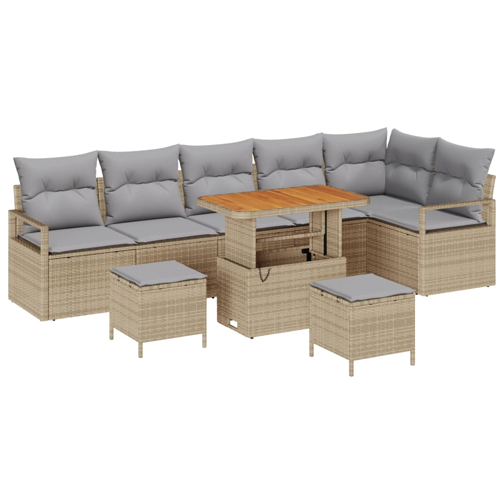 Set Divano da Giardino 9 Pezzi con Cuscini Rattan Beige Polipropilene
