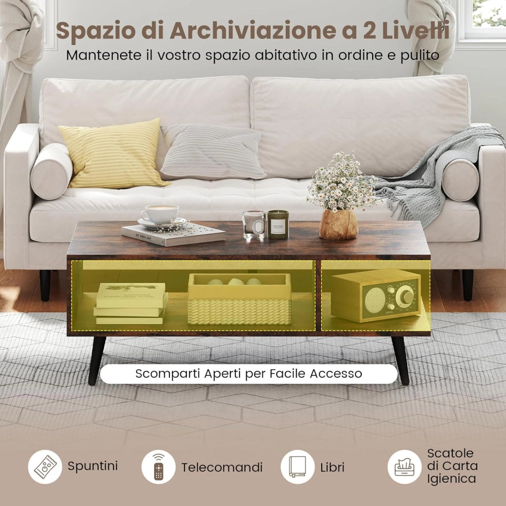 Tavolino da Caffè a 2 Livelli, Tavolino Moderno con Gambe in Metallo e Ripiano, Tavolo Centrale Rettangolare per Soggiorno, Studio e Ufficio (Marrone)