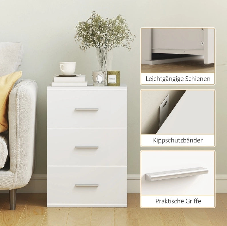Comodino bianco in MDF con 3 cassetti e maniglie argento
