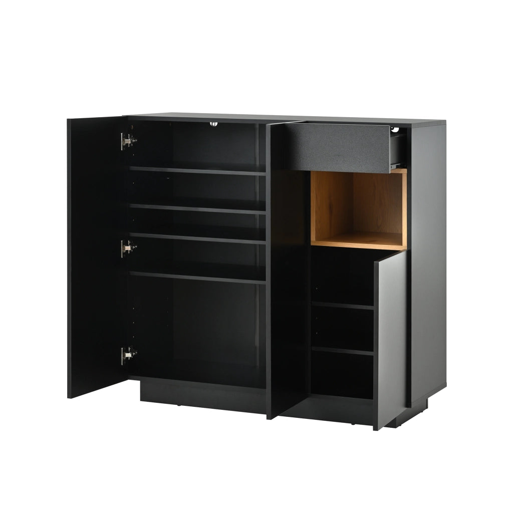 Mobile Scarpiera con 1 Cassetto; Ripiani Regolabili e LED 16 Colori; Stile Moderno; in Pannelli; Nero/Naturale; 105??39;5??100;5 cm