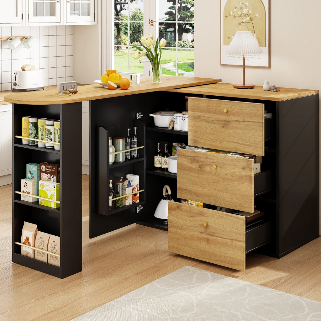 OKWISH Tavolo da Bar con 3 Cassetti e 5 Ripiani, Piano Girevole ed Estensibile, per Cucina e Soggiorno, Nero, 138-204×39×104 cm