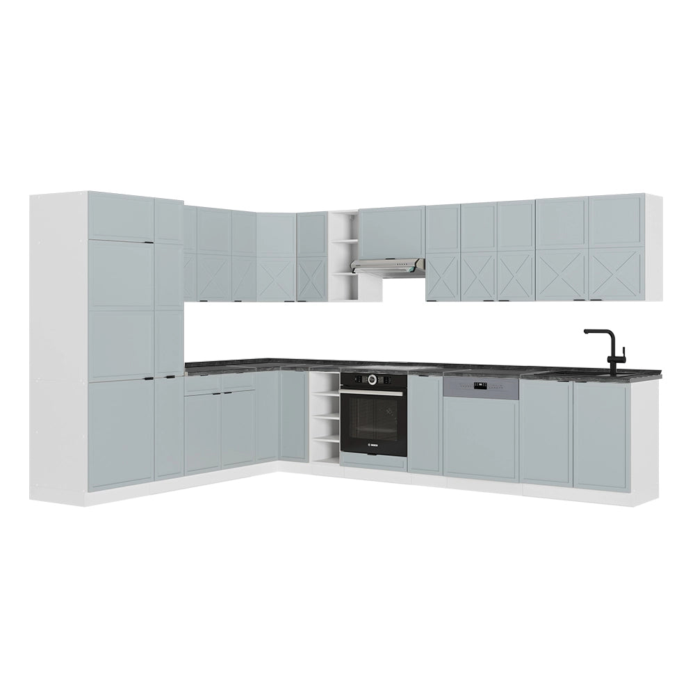 Cucina angolare completa Fame-Line Blu-grigio chiaro/Bianco 347 x 60 cm, PL Antracite Vicco