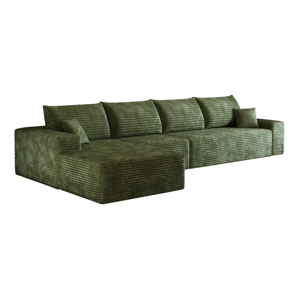 Divano angolare modulare - con chaise longue e seduta profonda - in tessuto a coste verde