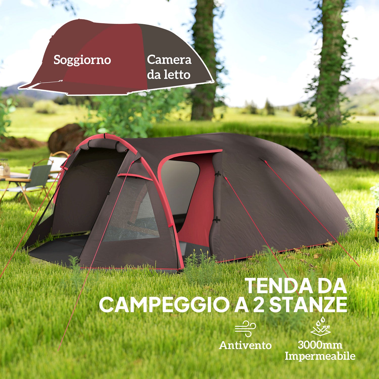 Tenda da Campeggio Impermeabile 360x250x130 cm da 2-4 Persone con Stanze Separate e Doppie Porte Grigio
