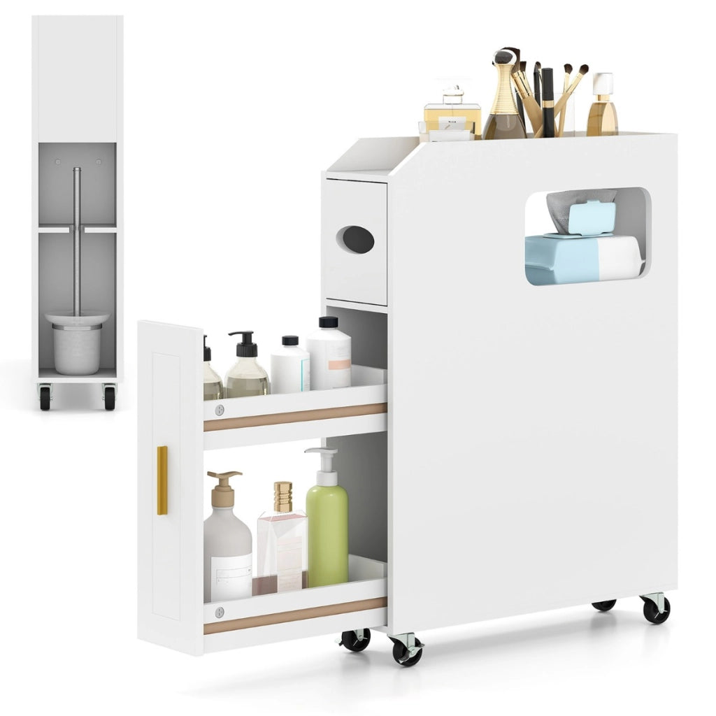 Organizzatore da 16 cm stretto e slim con portascopino e ruote con freno, Mobiletto da bagno piccolo per spazi ridotti Bianco
