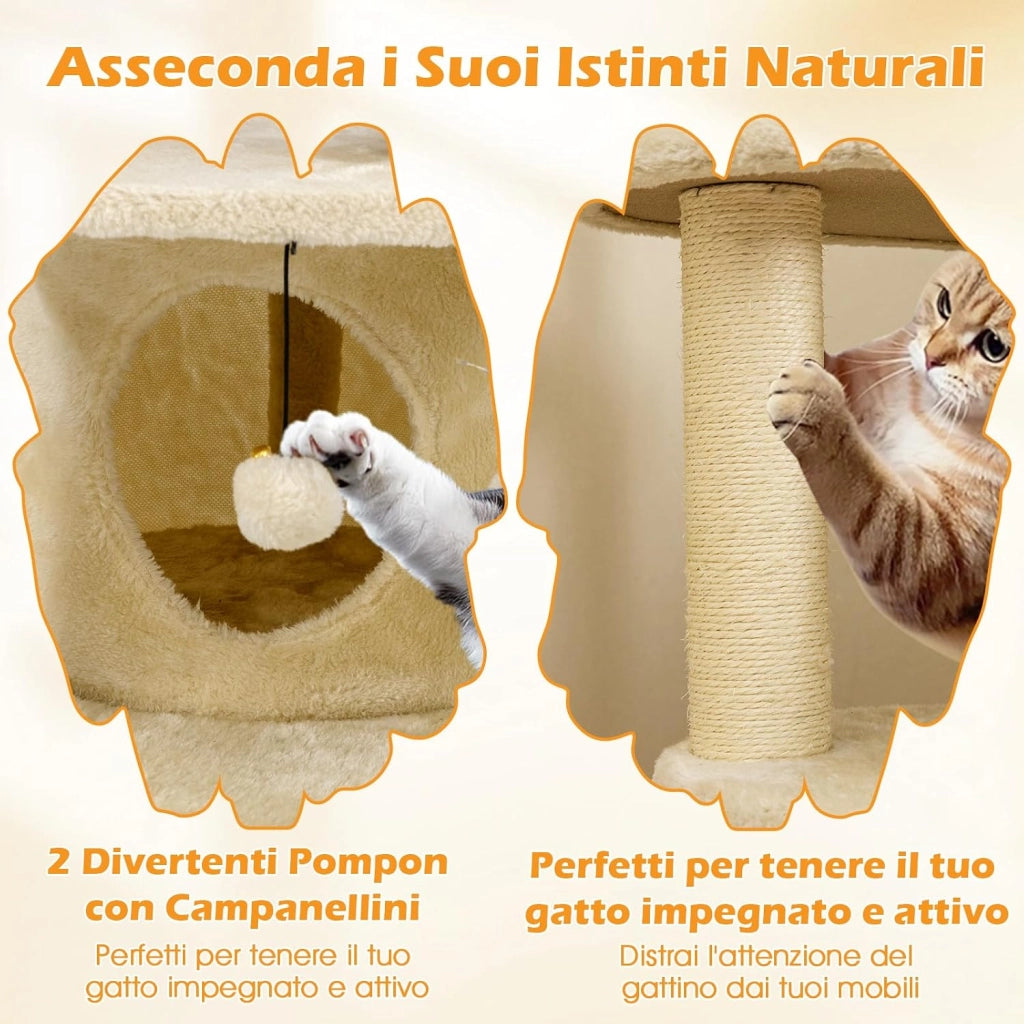Albero per Gatti, Tiragraffi per Gatti con Condominio, Piattaforma Imbottita, Tiragraffi, Pallina di Peluche Pendente e Scala, Centro Attività per Animali Domestici Interno